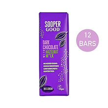 Load image into Gallery viewer, Sugar Free and Vegan Dark Chocolate Bars by Soopergood – Keto Friendly - Low Carb - Gluten Free - 65% Cacao - Smooth with hazelnut mylk – Sweetened with Stevia – Box of 12 x 40g
