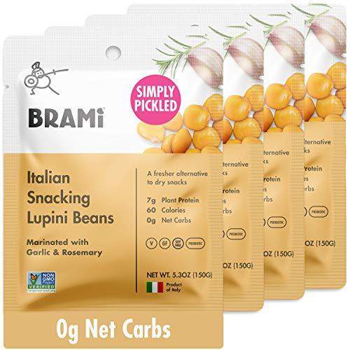 BRAMI Lupini Beans Snack, Garlic & Rosemary | 7g Plant Protein, 0g Net Carbs | Vegan, Vegetarian, Keto, Plant Based, Mediterranean Diet, Non Perishable | 5.3 Ounce (4 Count) - Carb Free Zone