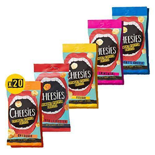 CHEESIES Crunchy Popped Cheese Snack, Multipack 20 Bags. No Carb, High Protein, Gluten Free, Vegetarian, Keto. Variety Pack 20 x 20g - Carb Free Zone