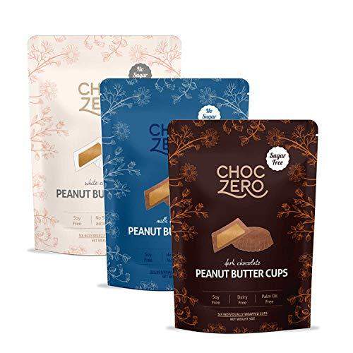 ChocZero's Dark, Milk, White Chocolate Peanut Butter Cups - NO ADDED SUGAR, KETO FRIENDLY, 3bags - Carb Free Zone