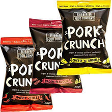 Load image into Gallery viewer, Skibbereen Pork Crunch Pub Snack Variety Pack - 12x30g Deliciously Seasoned Crispy Pork Puffs in 3 Flavours (4 x Each Flavour) - Low Carb &amp; High Protein Snack - Keto Friendly - No Added Oils, No MSG
