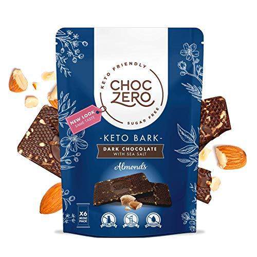 ChocZero's Keto Bark, Dark Chocolate Almonds with Sea Salt. 100% Stone-Ground, Sugar Free, Low Carb. No Sugar Alcohols, No Artificial Sweeteners, All Natural, Non-GMO (6 bars/box) - Carb Free Zone
