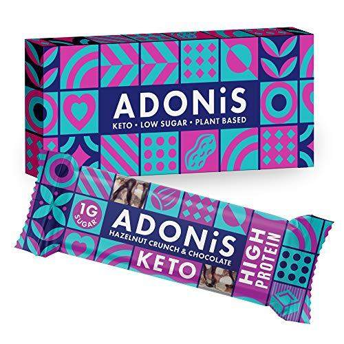 Adonis Keto Protein Bars | Hazelnut Crunch & Chocolate Snack Bars | 100% Natural Nut Snacks, Low Carb, High in Protein, Vegan, Gluten Free, Low Sugar, Paleo - Box of 6