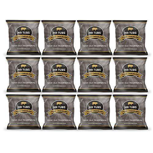 Mr Tubs Pork Double Hand Cooked Crackling - Keto & Paleo Friendly Meat Snack - 12 x 28g Foil Bags (Good Old Traditional Flavour)
