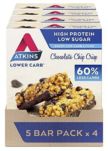 Atkins High Protein Bar, Keto Snack, Low Carb, Low Sugar Chocolate Chip Crisp Snack Bar, 5 Bar Box x 4 (20 Bars Total) - Carb Free Zone
