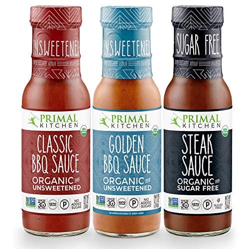 Primal Kitchen 3 Pack Organic and Unsweetned Barbeque & Steak Sauce - Whole 30 Approved, Keto, Paleo Friendly - Includes: Classic BBQ, Golden BBQ, and Steak Sauce