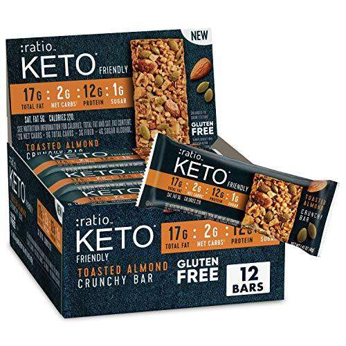 :ratio KETO friendly Toasted Almond Crunchy Bar, Gluten Free, 12 ct Box - Carb Free Zone