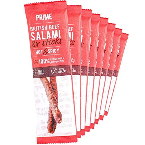 Prime Beef Salami Sticks - Lean, High Protein, Paleo & Keto Friendly - Made with British Grass Fed Beef… (Hot & Spicy)