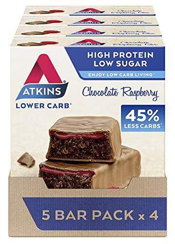 Atkins High Protein Bar, Keto Snack, Low Carb, Low Sugar Chocolate Raspberry Snack Bar, 5 Bar Box x 4 (20 Bars Total) - Carb Free Zone