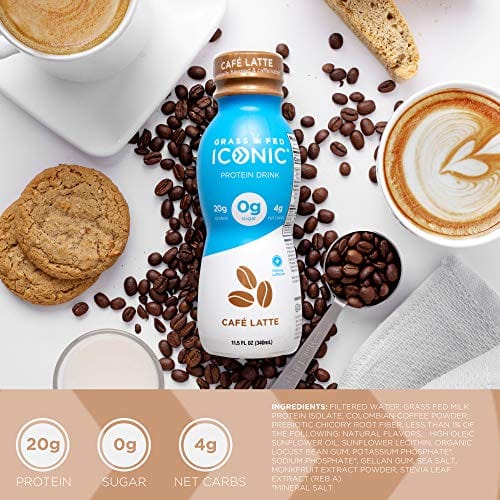 ICONIC Beverages Protein Drinks, Cafe Latte, Low Carb, High Protein, 20G  Protein + 180mg Caffeine, Grass Fed, Lactose Free, Gluten Free, Non-GMO,  Kosher, Keto Friendly, 11.5 Fl Oz (Pack of 12)