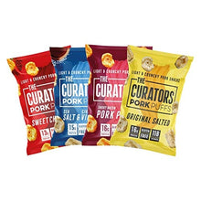 Load image into Gallery viewer, THE CURATORS Pork Puffs - Variety Pack, 22g (12 Packs) - High Protein Low Carb Keto Savoury Snacks with Crunch, Salt &amp; Vinegar, Original Salted &amp; Sweet Chilli BBQ
