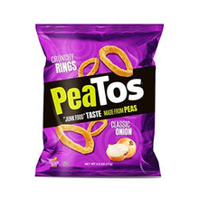 Load image into Gallery viewer, PeaTos Crunchy Rings Snacks, Classic Onion, .6 Ounce (15 Count), Junk Food Taste, Made from Peas, Bold Flavors, 4g Protein and 3g Fiber, Pea Plant Protein Snack
