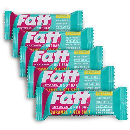 FattBar Keto Bars (Caramel & Sea Salt, 5-Pack) | Natural and Delicious Keto Snacks Packed with Super Fats | No Gluten Ingredients, Low Carb, High Fibre, Low Sugar, Keto, Sweetener Free, Vegan, Non GMO - Carb Free Zone