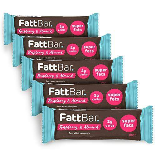 FattBar Keto Bar (Raspberry & Almond, 5-Pack) | Natural and Delicious Keto Snacks Packed with Super Fats |No Gluten Ingredients, Low Carb, High Fibre, Low Sugar, Keto, Sweetener Free, Vegan, Non GMO - Carb Free Zone