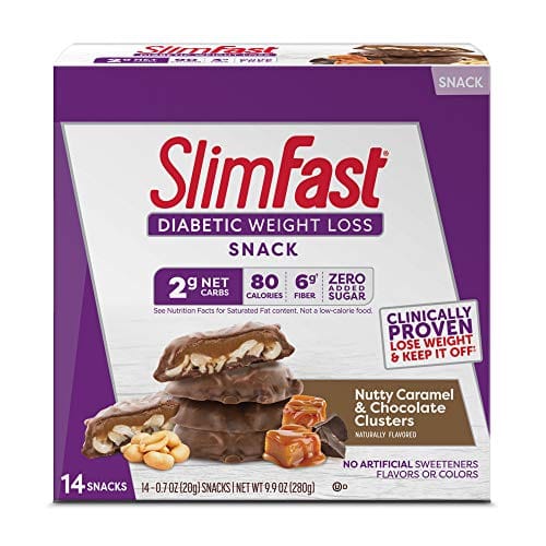 SlimFast Diabetic Weight Loss Snack - Nutty Caramel & Chocolate Clusters - 20g - 14 Count - Pantry Friendly