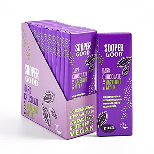 Sugar Free and Vegan Dark Chocolate Bars by Soopergood – Keto Friendly - Low Carb - Gluten Free - 65% Cacao - Smooth with hazelnut mylk – Sweetened with Stevia – Box of 12 x 40g