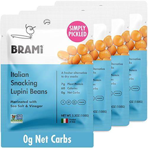 BRAMI Lupini Beans Snack, Sea Salt & Vinegar | 7g Plant Protein, 0g Net Carbs | Vegan, Vegetarian, Keto, Plant Based, Mediterranean Diet, Non Perishable | 5.3 Ounce (4 Count) - Carb Free Zone