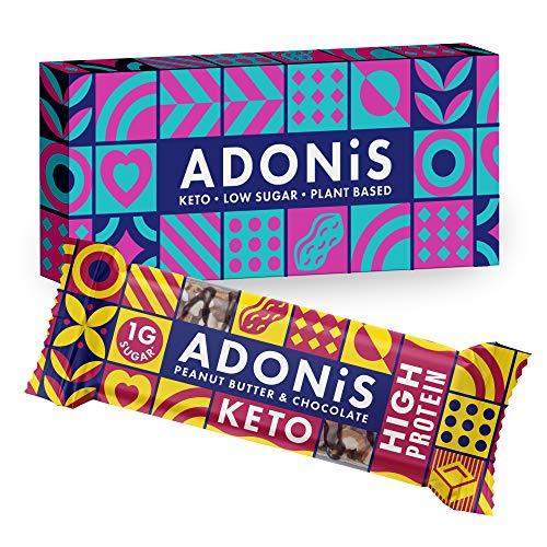 Adonis Keto Protein Bars | Peanut Butter & Chocolate Snack Bars | 100% Natural Nut Snacks, Low Carb, High in Protein, Vegan, Gluten Free, Low Sugar, Paleo (Box of 6) - Carb Free Zone