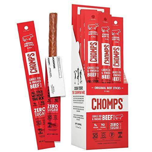 CHOMPS Grass Fed Original Beef Jerky Snack Sticks, Keto, Paleo, Whole30 Approved, Non-GMO, Gluten Free, Sugar Free, High Protein, 90 Calorie Snacks, 1.15 Oz Meat Stick, Pack Of 24 - Carb Free Zone